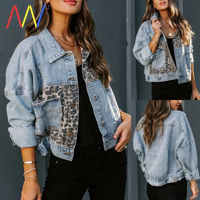 Leopard Stitched Denim Jacket for Women Fashion Outerwear with Long Sleeves Lapel Button-up Chest Pocket Top