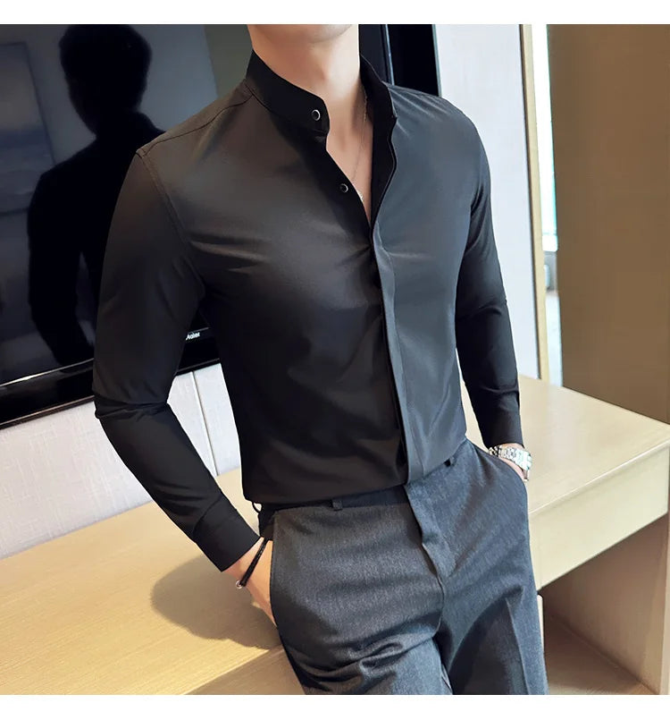 2024 New Stand Collar Luxury Shirts For Men High Quality Hide Buttons Design Solid Slim Fit Business Party Wedding Dress Shirts