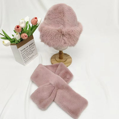 2 Pcs/Set Women Winter Hat Scarf Set Fuzzy Plush Thickened Windproof Heat Retention Cross Neck Wrap Solid Color Dome Faux Fur Fi