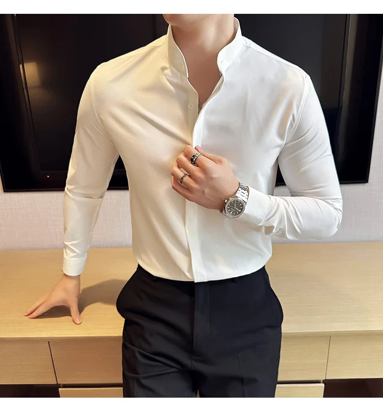 2024 New Stand Collar Luxury Shirts For Men High Quality Hide Buttons Design Solid Slim Fit Business Party Wedding Dress Shirts