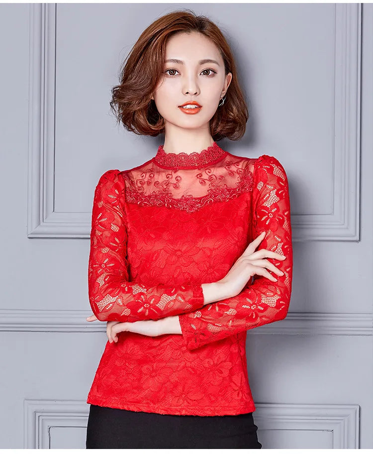 Women T Shirts Vintage Spring Winter Tees Autumn Lace Beads Hole Sexy Tops Warm Blouse Top Casual Full Long Sleeve Shirt