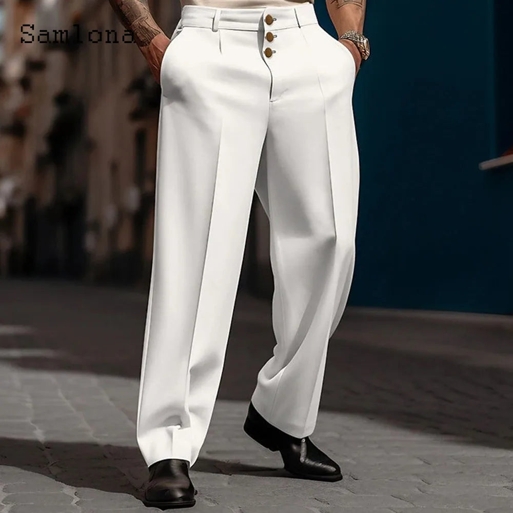 Men's Stand Pocket Formal Wide Leg Pants Men Elegant Party Wedding Trouser Plus Size Mens Fashion Triple Buttons Suit Pants