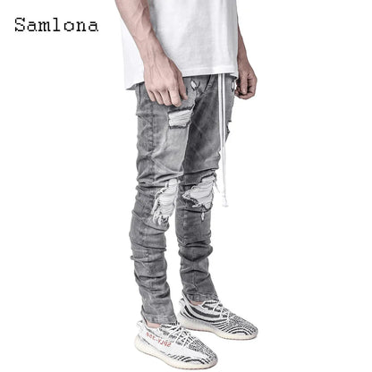 Samlona Jeans Mens Fashion Skinny Denim Pant Male Streetw New Patchwork Demin Pants Sexy Jeans Blue Grey Pencil Trouser