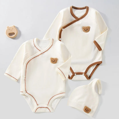 Korean Baby Romper+Beanie Set Cute Bear Infant Long Sleeve Jumpsuit Pure Cotton Newborn Onesie Clothes Toddler Triangle Bodysuit