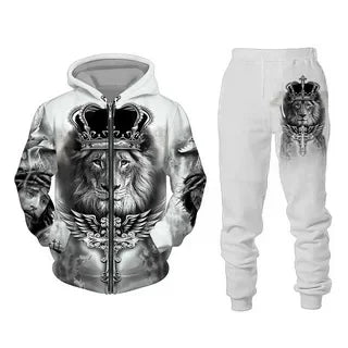 Men Zipper Hoodie Suit Autumn Winter Tracksuit Animal Lion 3D Print Sweatshirts Pants Sets Casual Oversize Clothing High-quality