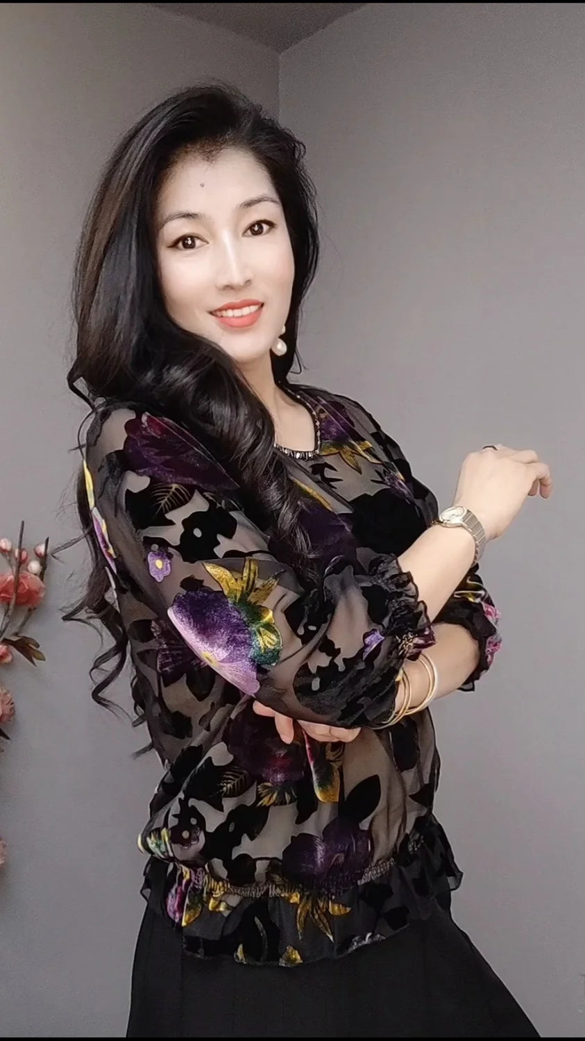 Autumn Winter Flower Western Style Top for Middle Aged and Elderly Moms Reduced Age Loose Fashion Bottom Shirt for Women