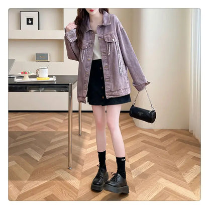 Casual Purple Denim Jacket for Women Loose Long-sleeved Autumn Outerwear Korean Style