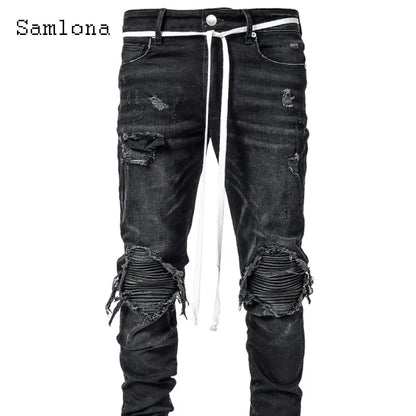 Samlona Jeans Mens Fashion Skinny Denim Pant Male Streetw New Patchwork Demin Pants Sexy Jeans Blue Grey Pencil Trouser