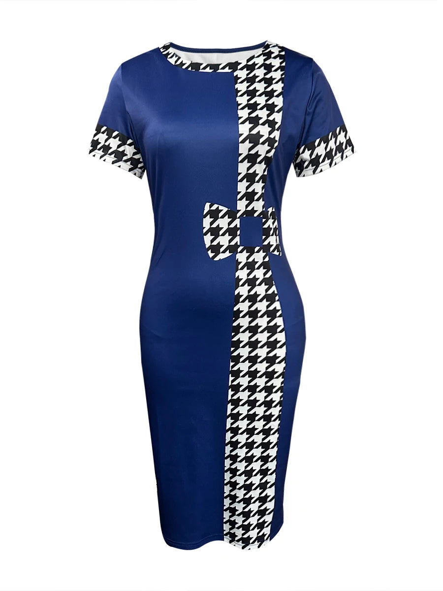 LW Elegant women's dress Plaid Checkerboard Print Round Neck Short Sleeve Knee Length Office Lady Elegant Bodycon Pencil Dress