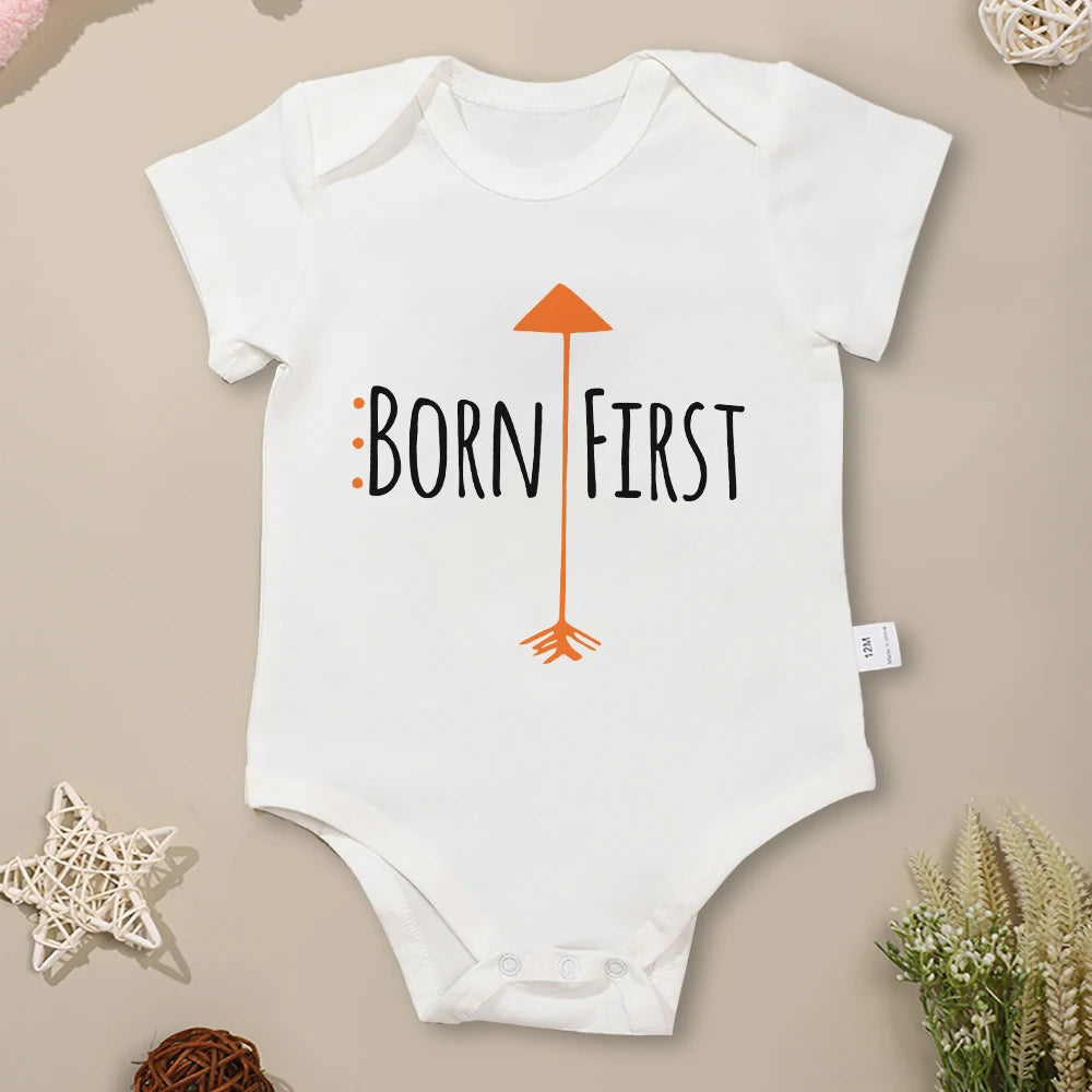 Born First Show Off Funny Twin Newborn Boy Bodysuits Fashion Cute Baby Girl Clothes Short Sleeve Summer Cotton Infant Onesies