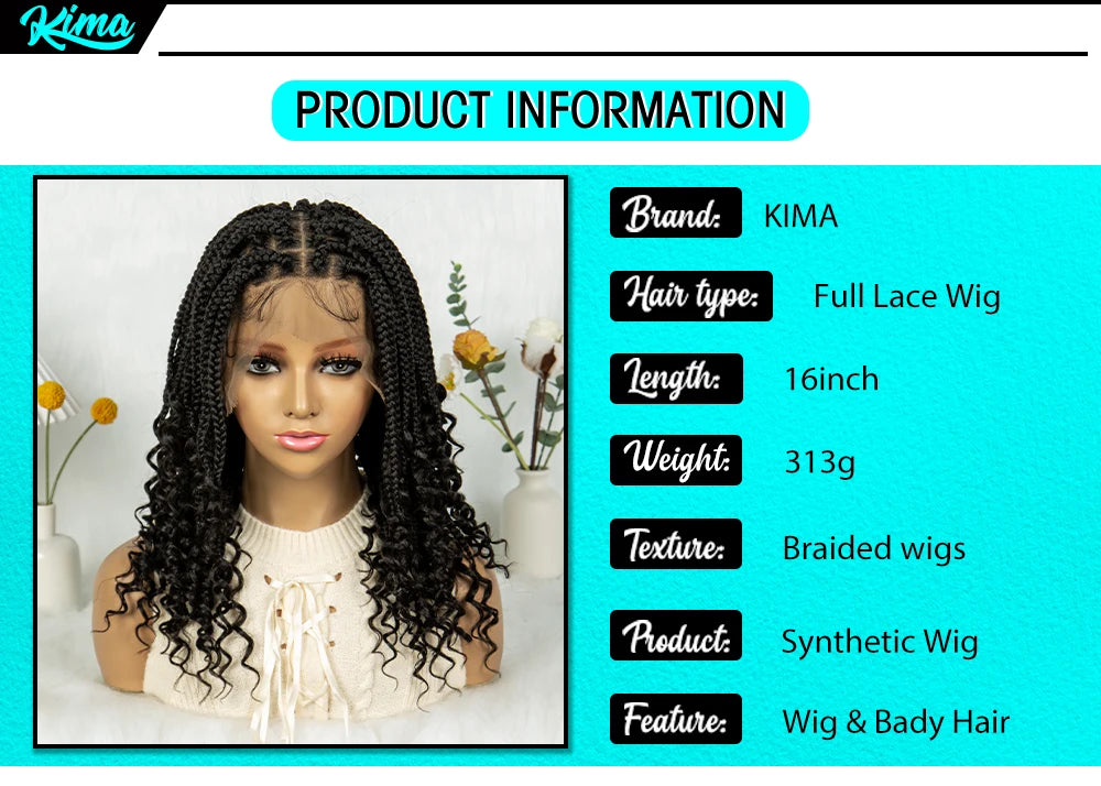 Kima Short Synthetic Box Braided Wigs Full Lace Wig Top Cornrow Braided with Curly End for Black Women