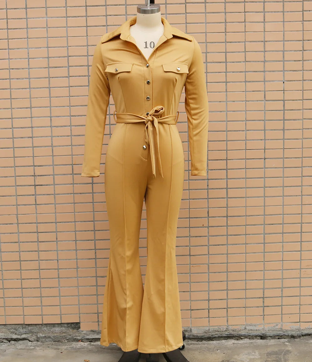 Jumpsuit Women Autumn Fashion Button Casual Turn-Down Collar Long Sleeve Skinny Bootcut Jumpsuit with Belt Y2K Streetwear