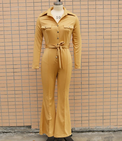 Jumpsuit Women Autumn Fashion Button Casual Turn-Down Collar Long Sleeve Skinny Bootcut Jumpsuit with Belt Y2K Streetwear