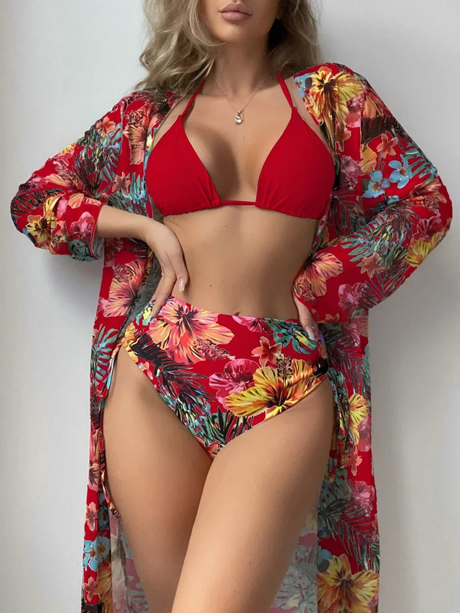 Three Piece Set Printed Mesh Cover Shirt Split Swimsuit