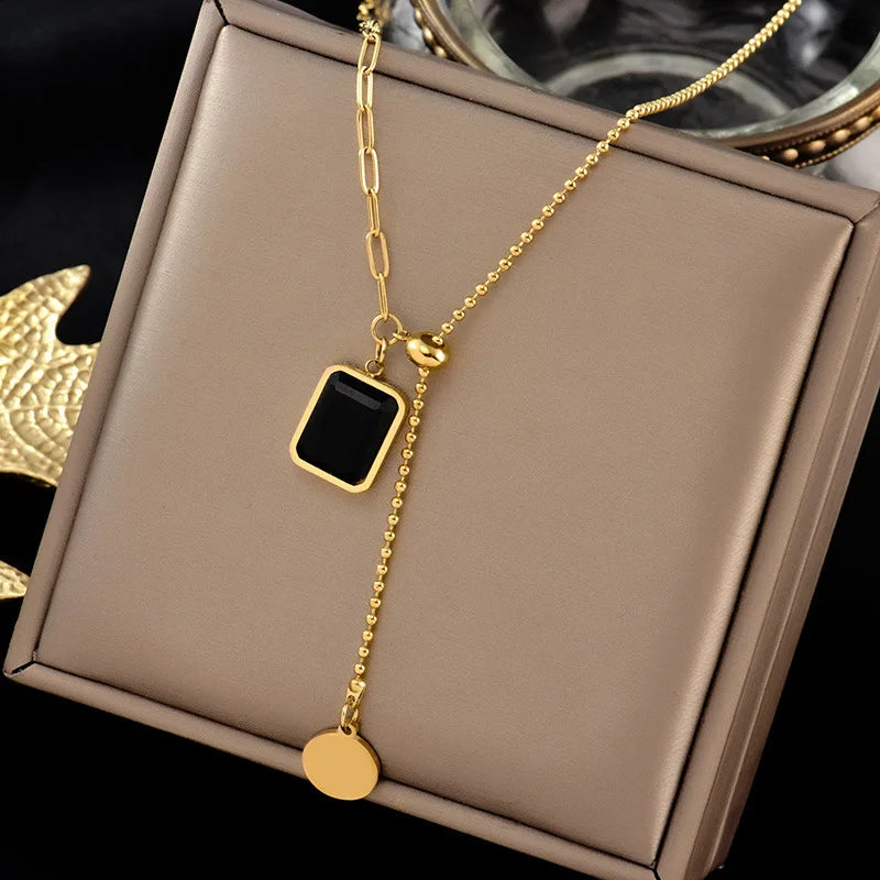 Korean Fashion Emerald Stainless Steel Gold Color Necklace for Woman Jewelry Girl's Sexy Clavicle Chain Collares Para Mujer