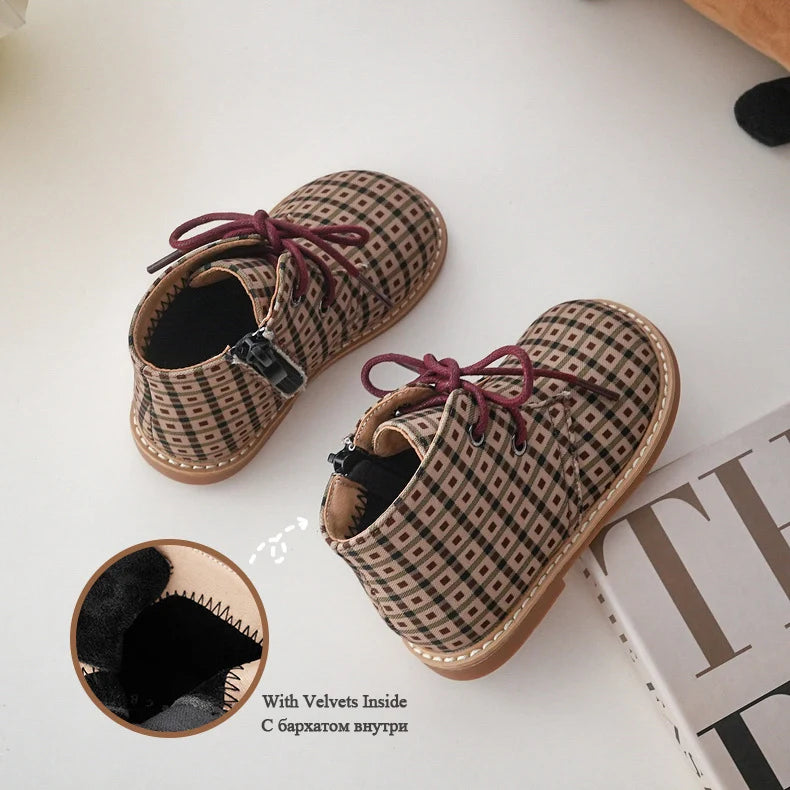 British Style Children Short Boots Handsome Autumn Boys Single Boots Fashion Girls Retro Lattice Boots Baby Soft Warm Shoes