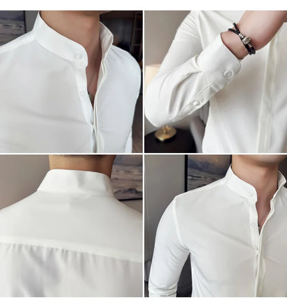 2024 New Stand Collar Luxury Shirts For Men High Quality Hide Buttons Design Solid Slim Fit Business Party Wedding Dress Shirts