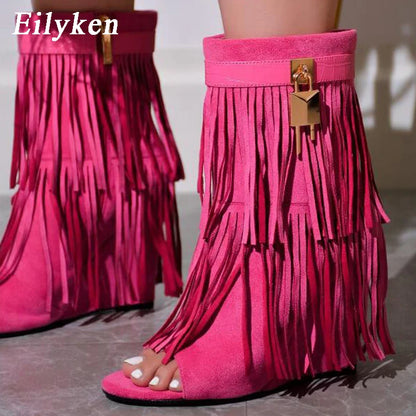 Eilyken Designer Fringe Wedges  Boot Sandals Woman High Heels Open Toe Party Prom Shoes 2024 Sexy Zipper Female Pumps