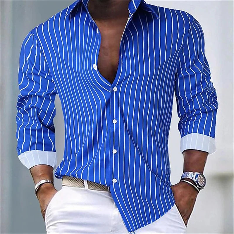 Fashion Men's Elegant Shirt Spotted 3D Printed Lapel Button Up Classic Long Sleeve Shirt Temperament Men's Partywear