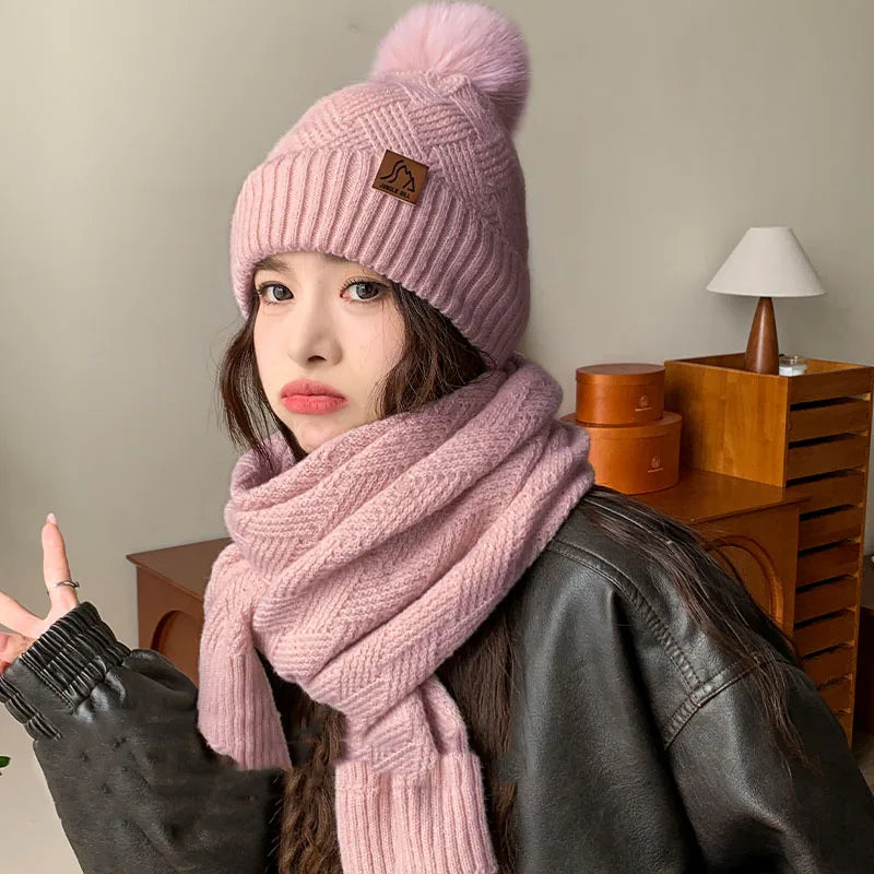 Women's Winter Double Layer Plus Fluff Ball Knit Hat Outdoor Warm Beanie Hat Two-Piece Set