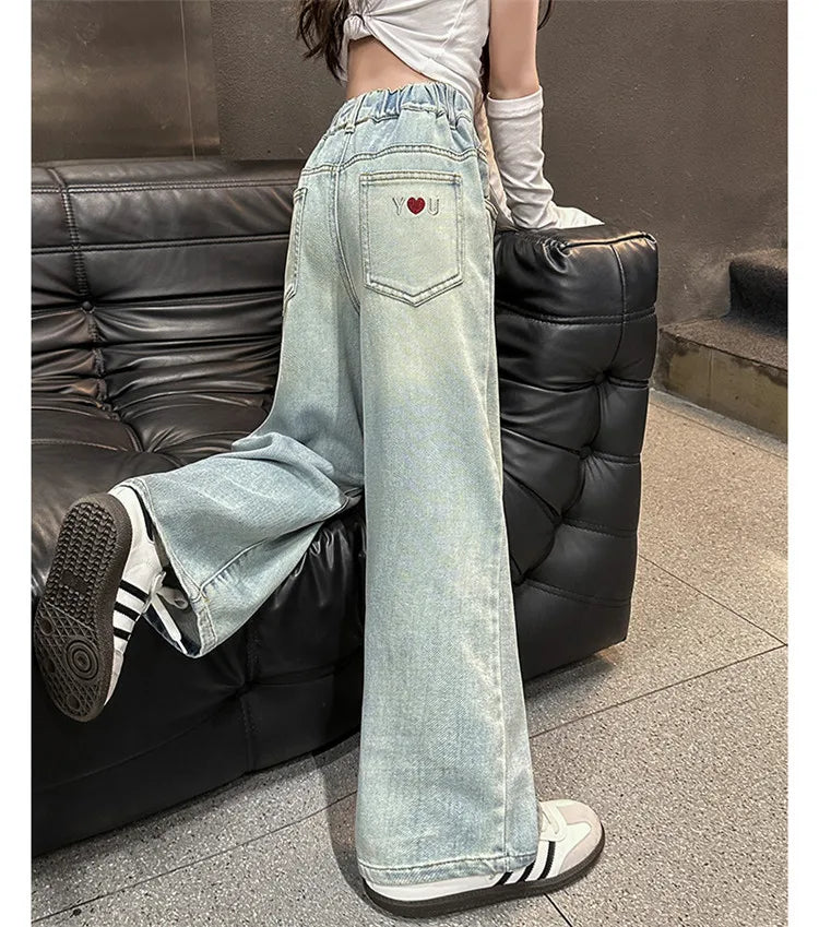 Kids High Waisted Washed Jeans Classic Trendy Street Straight Denim Pants for Girls Simple Style Jeans Trousers For Teens Child