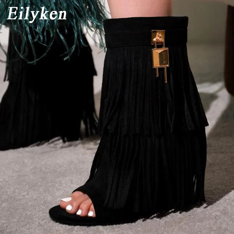 Eilyken Designer Fringe Wedges  Boot Sandals Woman High Heels Open Toe Party Prom Shoes 2024 Sexy Zipper Female Pumps