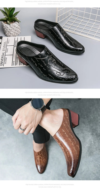 Summer New British Style Men's Mules Slipper Ceremonial heightening Shoes Black Hombre Daily Dress Casual Pointed Leather