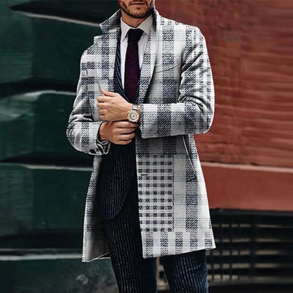 Formal Men Coat Men Geometric Pattern Coat Plaid Print Lapel Trench Coat for Men Stylish Business Style Jacket with for Fall