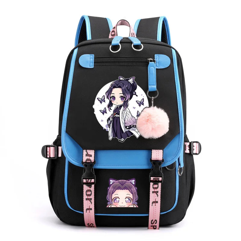 Cute Kawaii Kochou Shinobu Pattern Backpack Teenage Street Anime Backpack Kochou Shinobu Backpack USB Backpacks