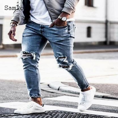 Samlona Jeans Mens Fashion Skinny Denim Pant Male Streetw New Patchwork Demin Pants Sexy Jeans Blue Grey Pencil Trouser