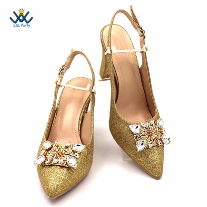 Champagne Color High Quality Women Pointed Toe Shoes Matching Bag Set for Nigerian Ladies Wedding Party