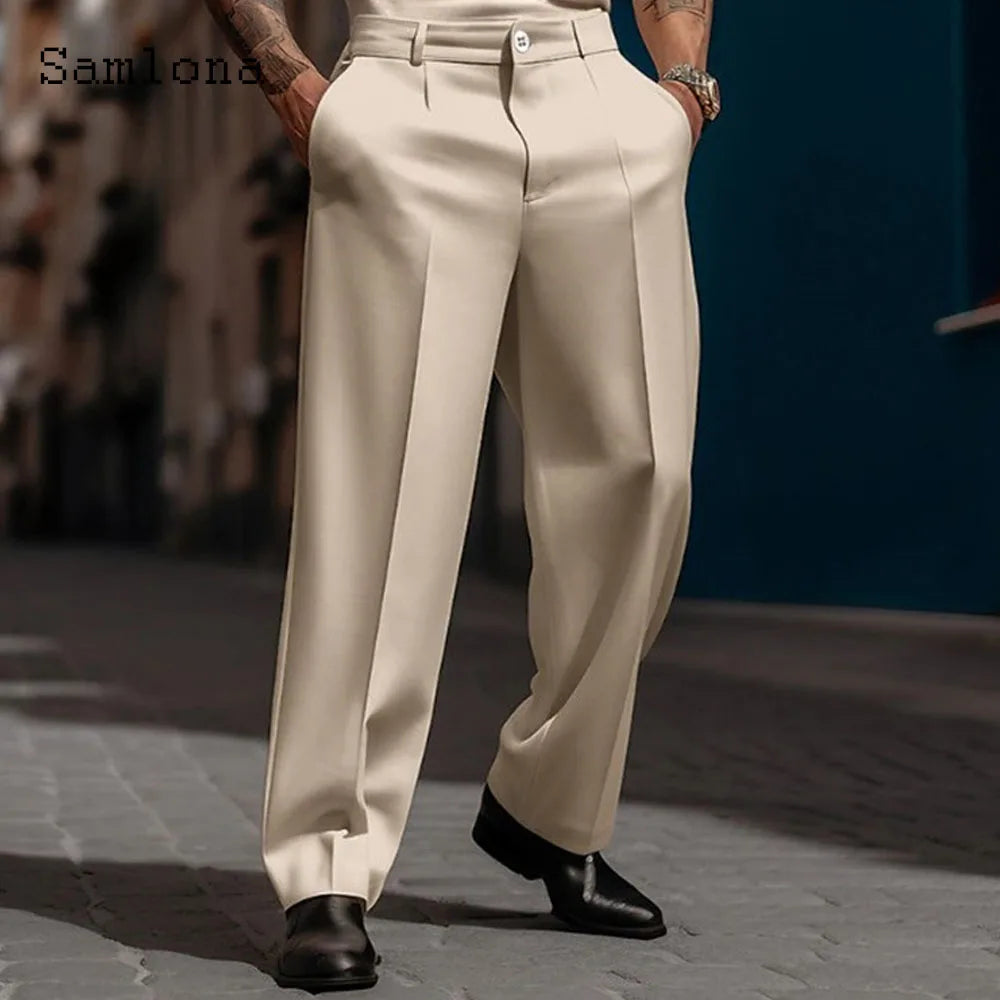 Men's Stand Pocket Formal Wide Leg Pants Men Elegant Party Wedding Trouser Plus Size Mens Fashion Triple Buttons Suit Pants