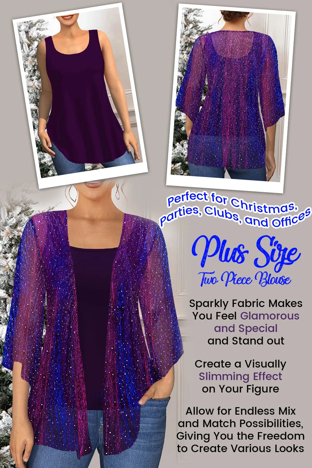 Flycurvy Plus Size Christmas Purple Sparkly Glitter Fabric Kimono Two Pieces Blouse Cover Up Tops with Vest