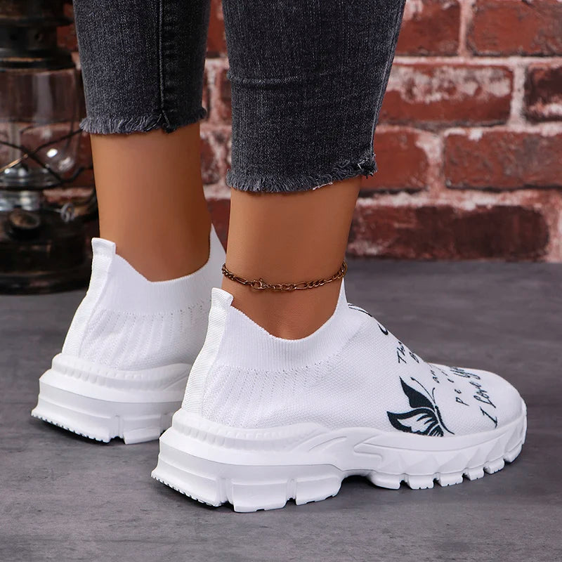 print platform sneakers for women autumn slip-on breathable knit vulcanized shoes female