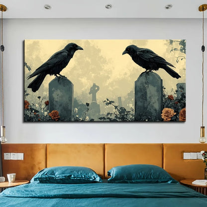 1.5 inch thick pine solid wood frame, Halloween crow and floral tombstone canvas art wall decoration