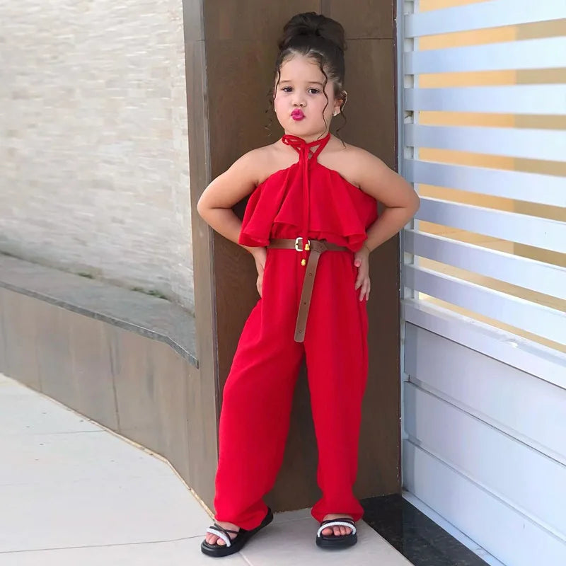 New Casual Girls' Summer Halter Ruffle Sleeve Jumpsuit Soild Suspender Romper Fashion Clothing for Toddler Girl 1-8 Years