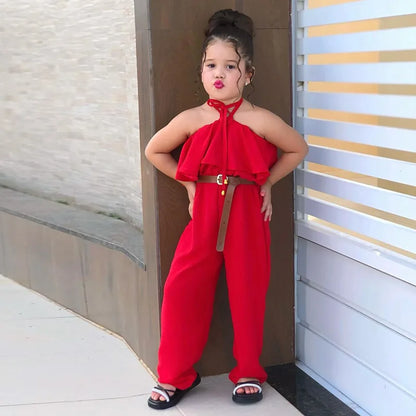 New Casual Girls' Summer Halter Ruffle Sleeve Jumpsuit Soild Suspender Romper Fashion Clothing for Toddler Girl 1-8 Years