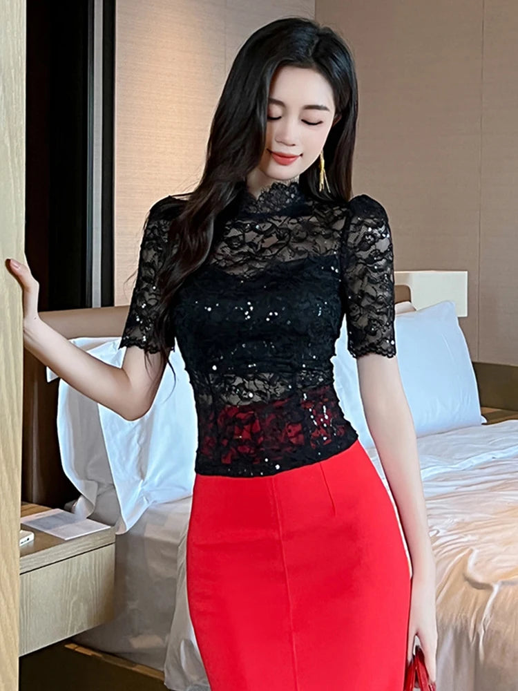 2023 Fashion Elegant Purple Black Sequins See Through Women Tops Outfits Sheer Lace Sexy T-Shirts Tees Skinny Club Party Clothes