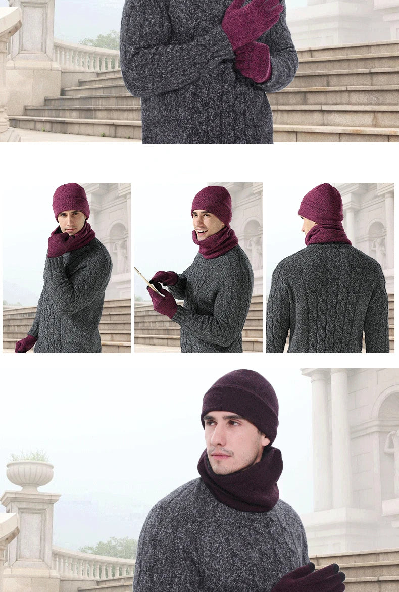 Men's Autumn Winter Keep Warm Set Unisex Beanie Gloves Scarf Male Woolen Yarn Knit Muffler Solid Color Hat Wholesale Drop Ship