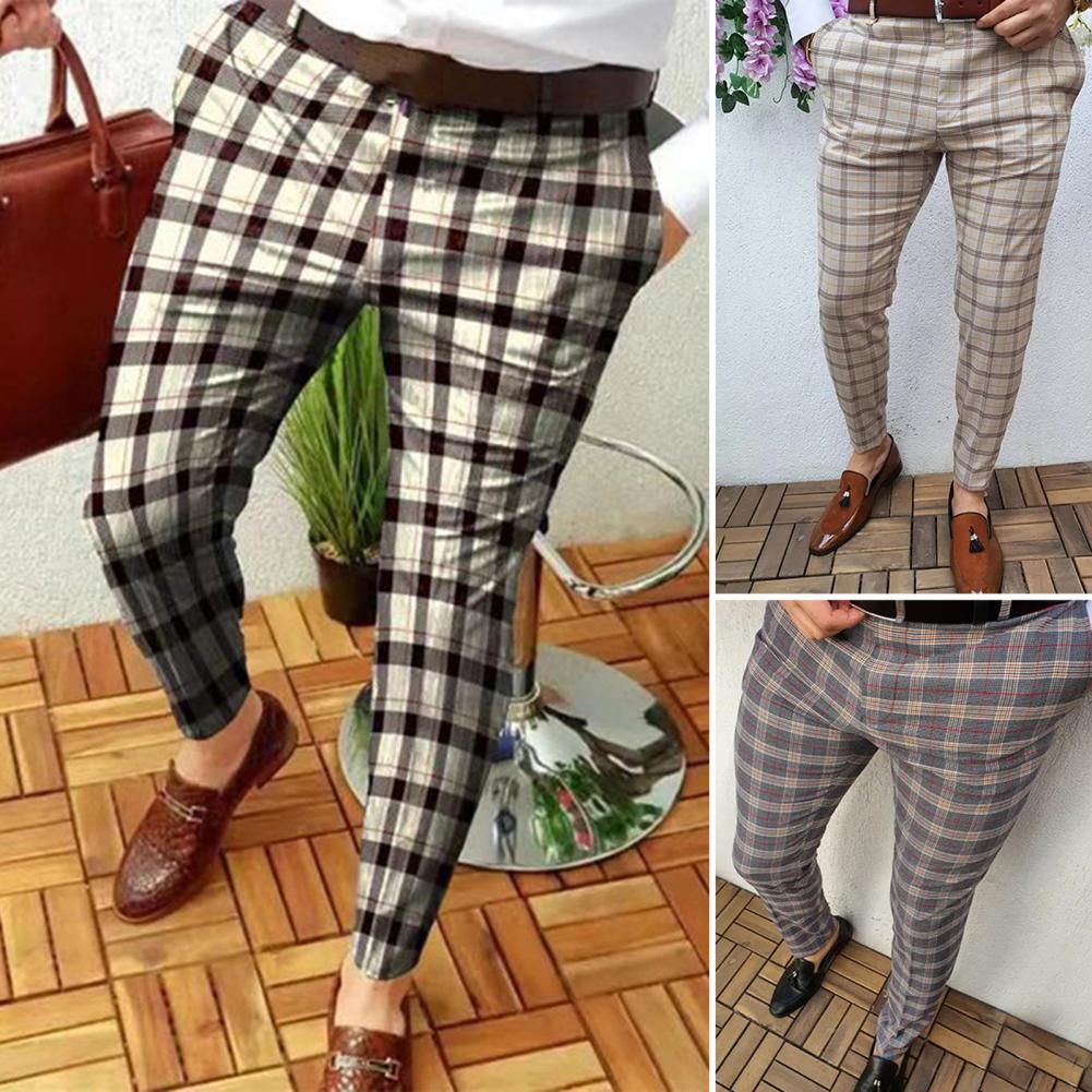 Mid-rise Zipper Button Fly Pockets Men Pants Autumn Plaid Print Straight Fit Casual Pencil Pants