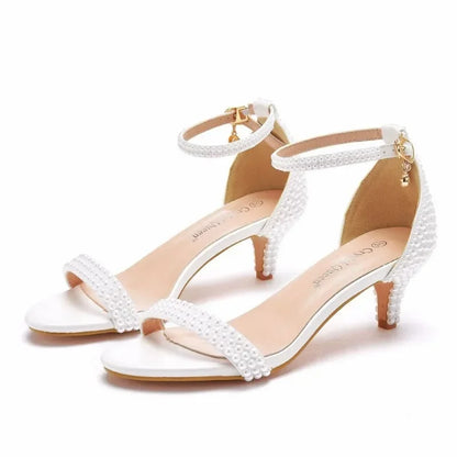 Summer High-heeled Women's Sandals String Bead PU 5CM Thin Heels Buckle Strap Wedding Dress Women's Shoes Golden Middle Heels