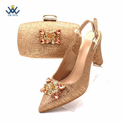 Champagne Color High Quality Women Pointed Toe Shoes Matching Bag Set for Nigerian Ladies Wedding Party