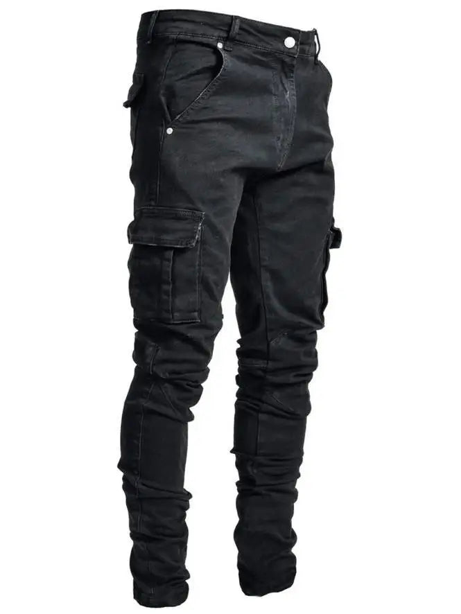 Stretch Jeans for Men Black Big Side Pockets Cargo Male Jeans Fashion Zipper Small Foot Denim Pants Elastic Jogging Trousers