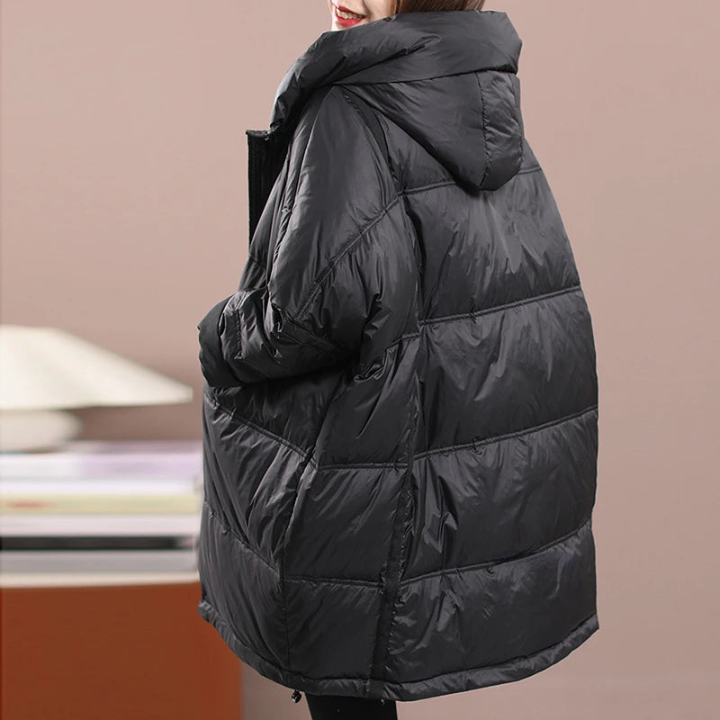 2023 New Winter Women's White Duck Down Loose Jacket Hooded Women's Thick Warm Coat Casual Large Panel Coat Women Jacket