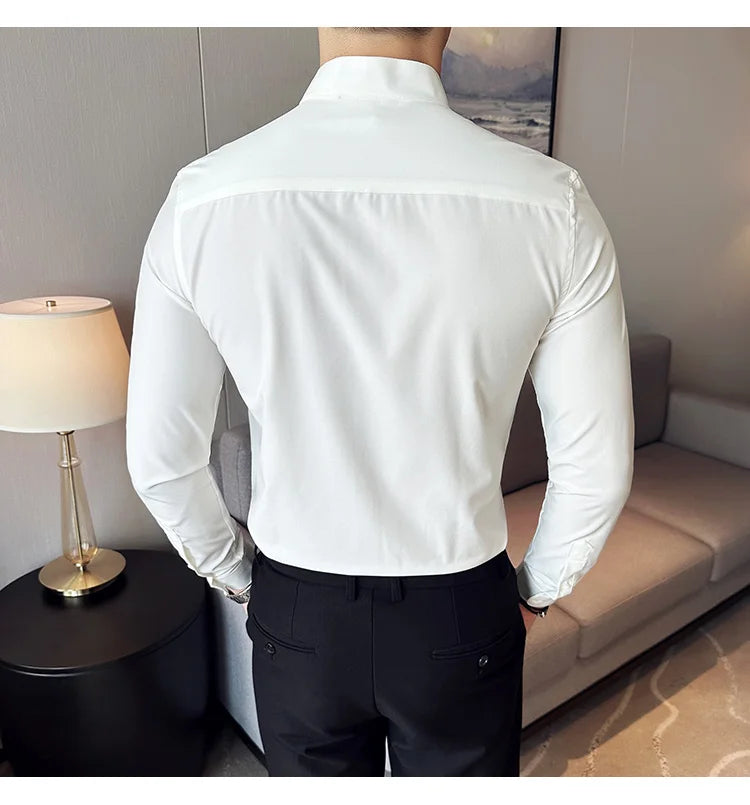 2024 New Stand Collar Luxury Shirts For Men High Quality Hide Buttons Design Solid Slim Fit Business Party Wedding Dress Shirts