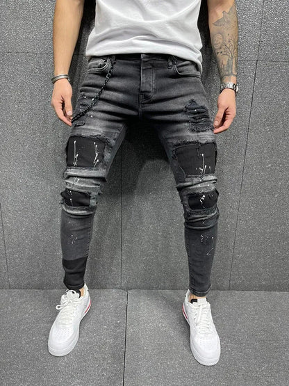 Retro Wash Distressed Stretch Ripped Jeans for Men Black 90% Cotton Tight Hole Patch Denim Joggers