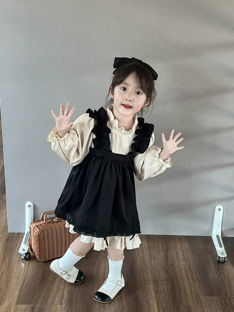 Spring Kids Girl Nolita Set 2023 New Children’s Clothing Long-sleeved Shirt + Overalls Dress 2PCS Suit Baby Girl Clothes Set