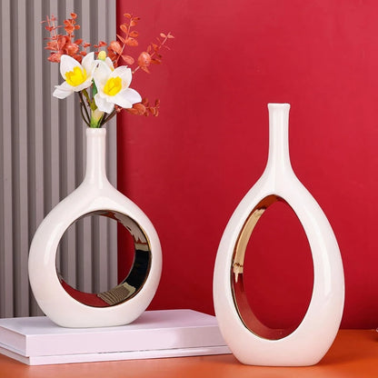 ABVA-White And Gold Vase Ceramic White Vases Home Decor,Modern Minimalist Circle With Hole Decorative Vase