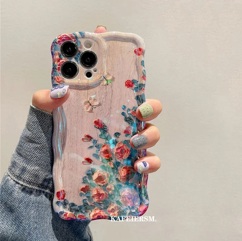 Fashion Laser Blue Light Flowers Phone Case For iPhone 15 14 Pro Max 11 12 13 Pro Max 14Pro 13Pro Luxury Shockproof Soft Cover