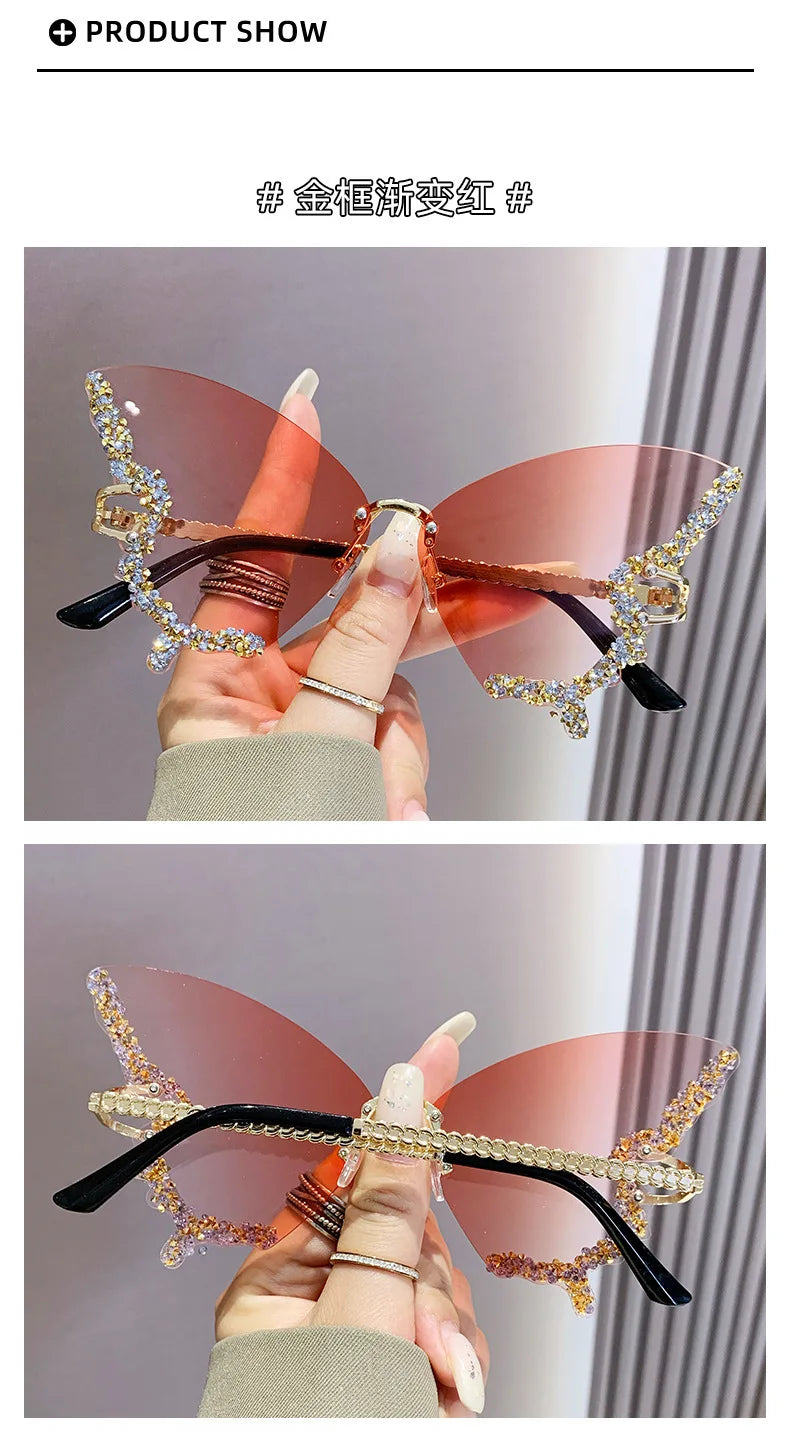 Luxury Butterfly Diamond Sunglasses Ladies Large Rimless Glasses Fashion Personalised Stage Performance Glasses Party Essentials